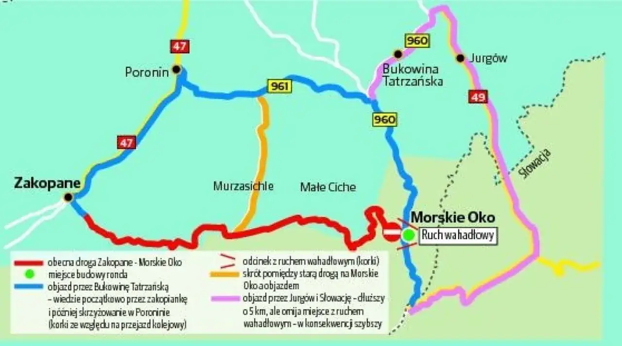 Mapa dróg do Morskiego Oka. Pokazuje objazdy i korki. Bilety na Morskie Oko mogą być potrzebne, by uniknąć utrudnień.