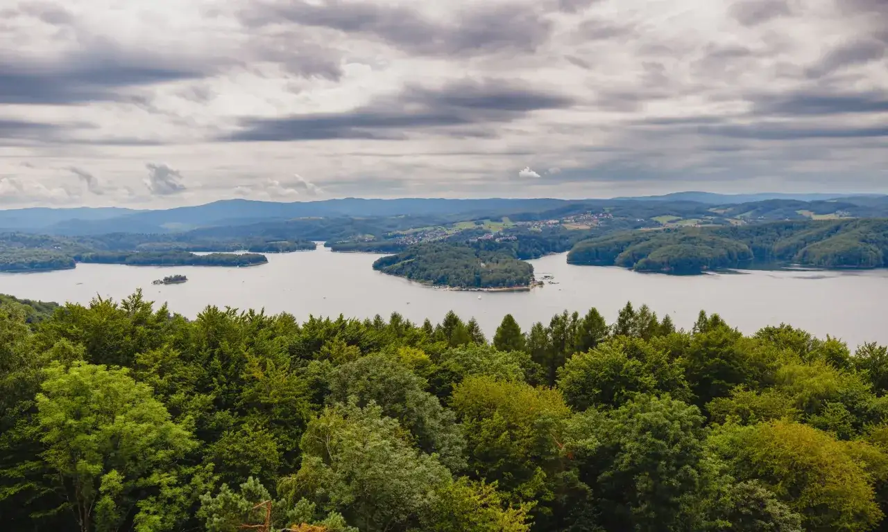 Widok na jezioro otoczone lasami, z oddali widać pasmo górskie przypominające białą górę.