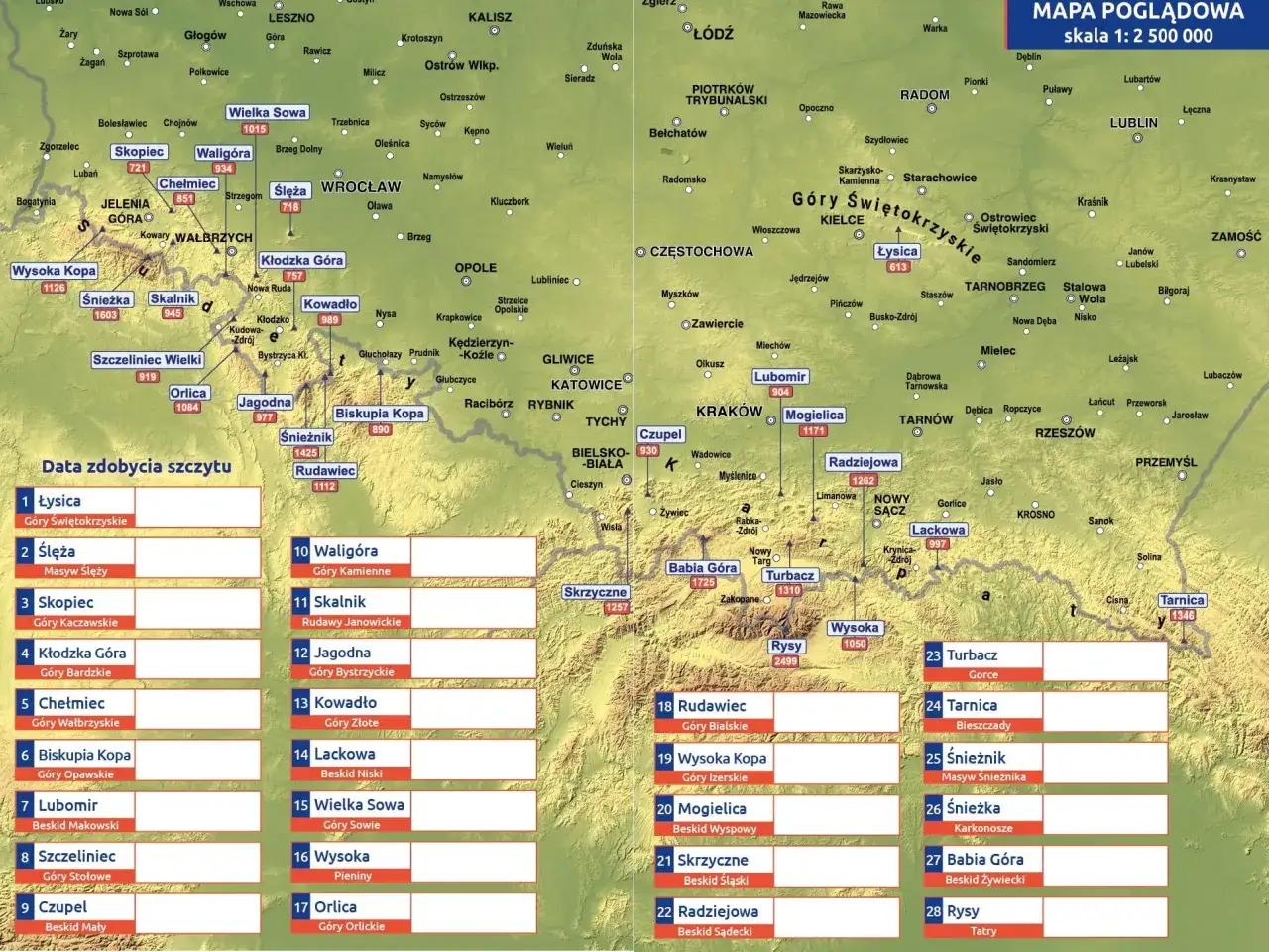 Mapa przedstawia korony gór polskich z zaznaczonymi szczytami, ich wysokościami i lokalizacją.
